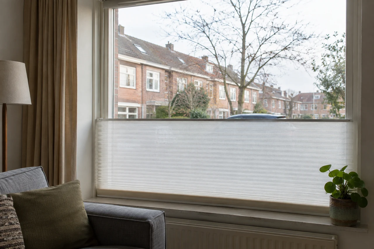 De onderste helft van het raam is afgeschermd