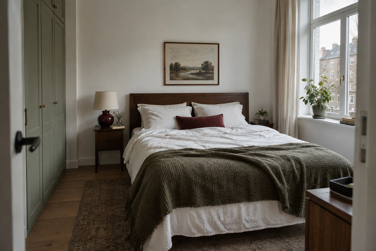 Slaapkamer met een notenhouten hoofdbord, wit beddengoed en een groene kledingkast.